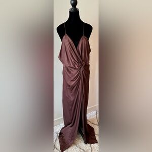Zara Brown Satin Maxi Dress with Draped Twist Detail